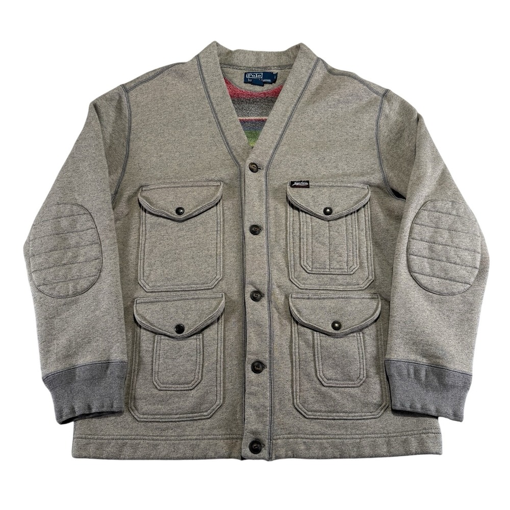 Polo Ralph Lauren Cardigan Mens L Grey Striped Fleece Lined Mountain Jacket‎